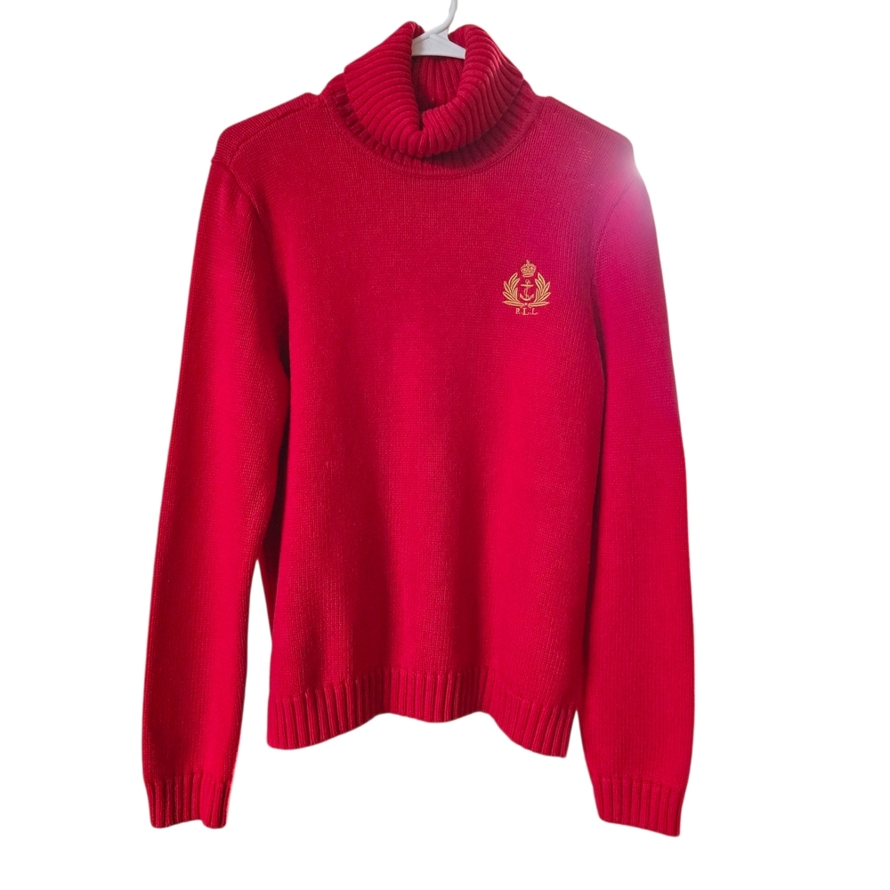 Ralph Lauren Red Knit Turtleneck Sweater Nautical Crest‎ Logo